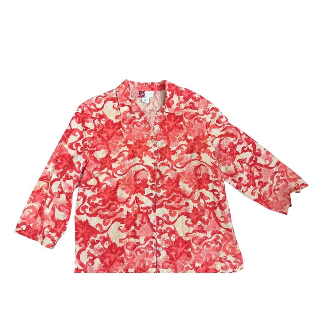 JM Collection Jennifer Moore Red Orange Floral Scroll 100% Linen Button Down 16